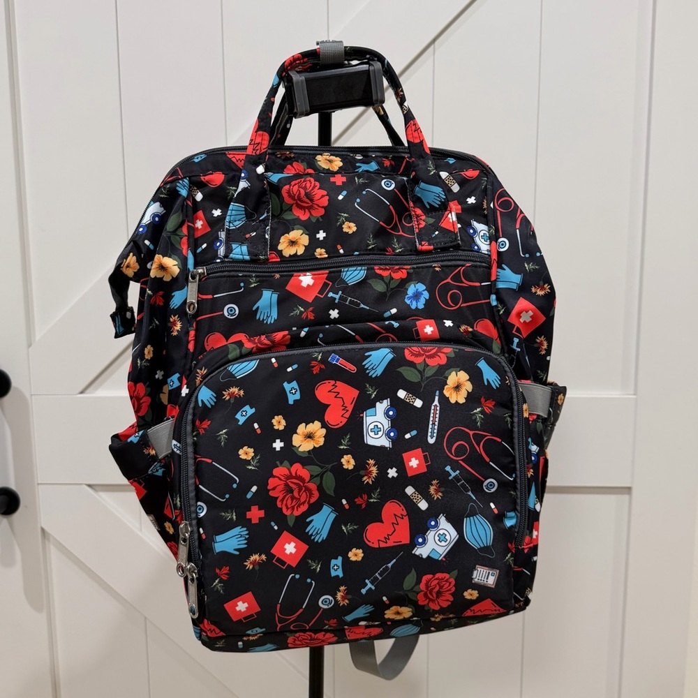 Floral and Medical Print Nursing Backpack